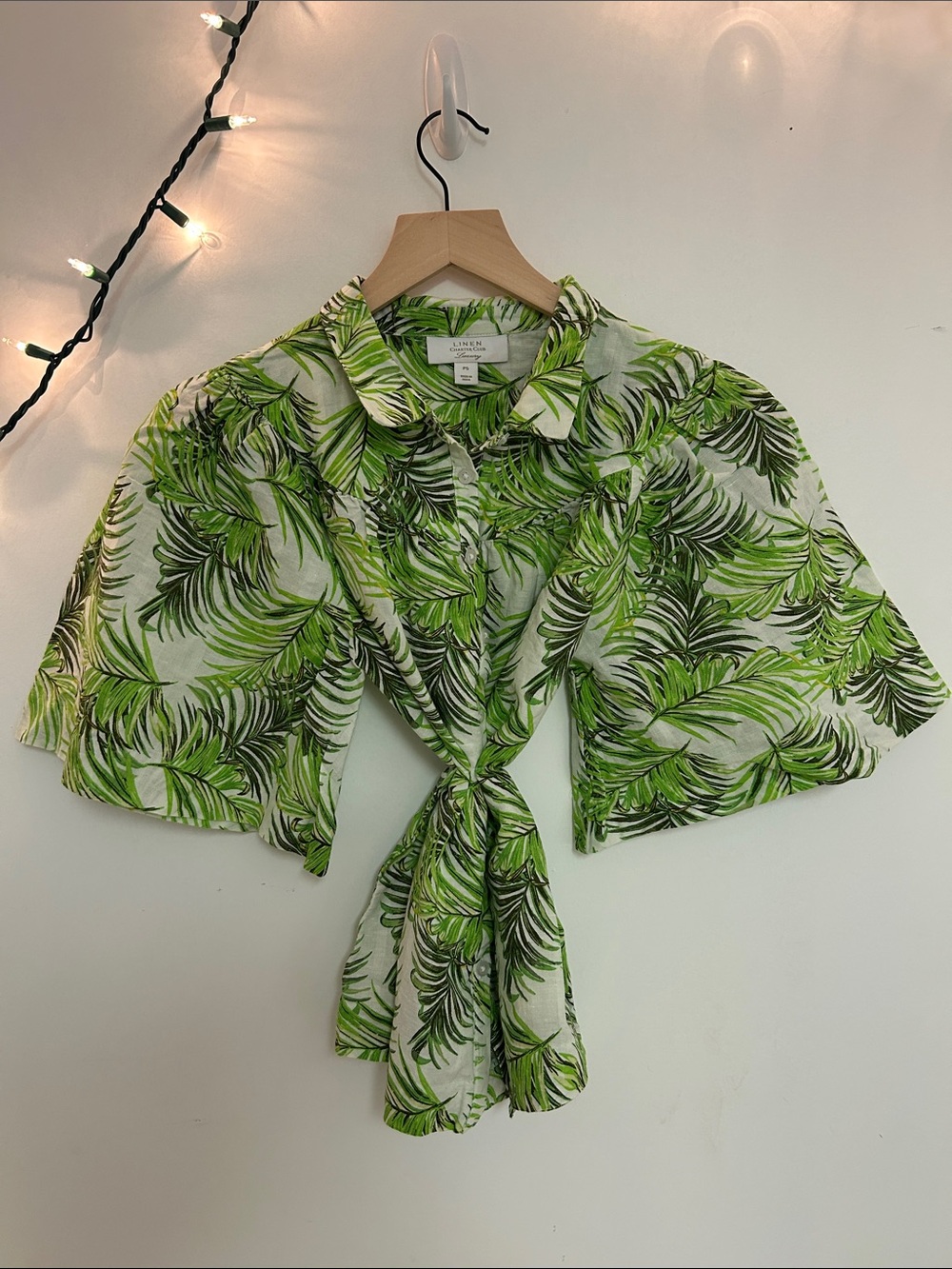 Charter Club Linen Tropical Palm Print Shirt in Green and White